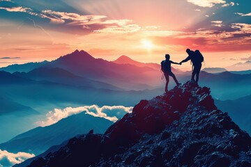 Fototapeta premium Two people are standing on a mountain, one of them is holding the other's hand