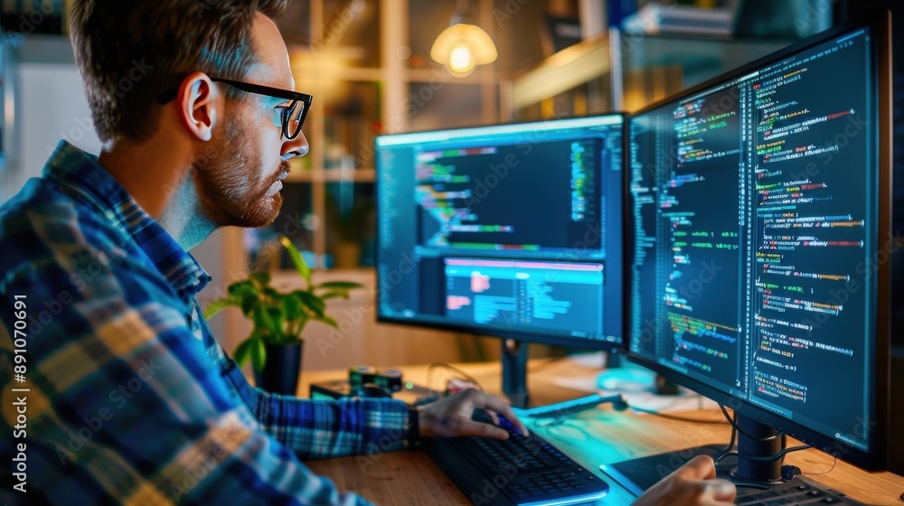 Poster a man is sitting at a desk with two computer monitors in front of him. he is typing on a keyboard an