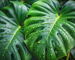 Fototapeta premium Fresh Monstera deliciosa leaves with dewy raindrops glisten against a soft, luminous background, showcasing vibrant green hues and delicate, intricate leaf structures in high contrast.