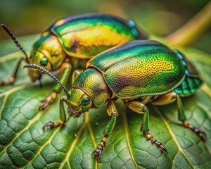 Fototapeta premium Vibrant gold and green metallic beetles, Sawtooth beetle species, spotted on New Guinea and Papua, showcasing intricate details with selective focus on their beautiful bodies.