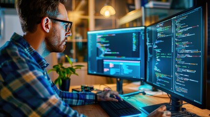 A man is sitting at a desk with two computer monitors in front of him. He is typing on a keyboard and looking at the computer screens