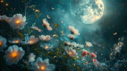 A moonlit forest with a path leading through it