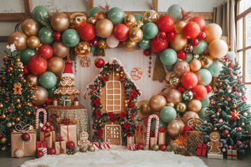 Naklejka premium A festive scene with a gingerbread house, a santa Claus, and a Christmas tree