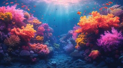 Obraz premium Coral Reef Panorama: Colorful Tropical Fish and Underwater Sea World Ecosystem's Diverse Animal Life