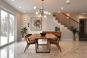 A large dining room with a long wooden table and many chairs