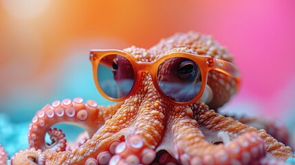 Colorful Studio Shot of a Funny Octopus Wearing Sunglasses against a Bright Background