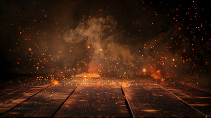 Dark background with wooden table and fire particles. Fire sparks on dark brown wood floor, empty space