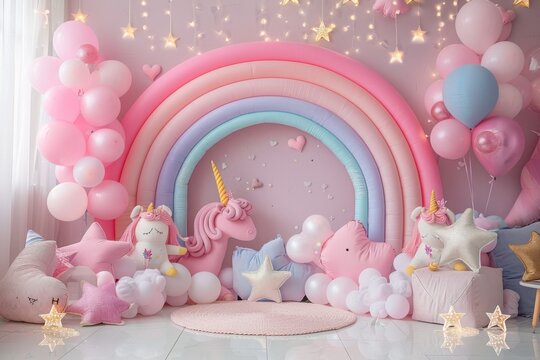 A pink room with a rainbow and a unicorn