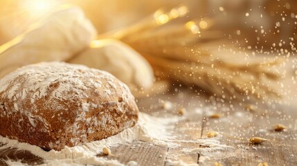 A loaf of bread is sitting on a wooden table with a bright sun shining on it. The sun's rays create a warm and inviting atmosphere, making the bread appear fresh and delicious