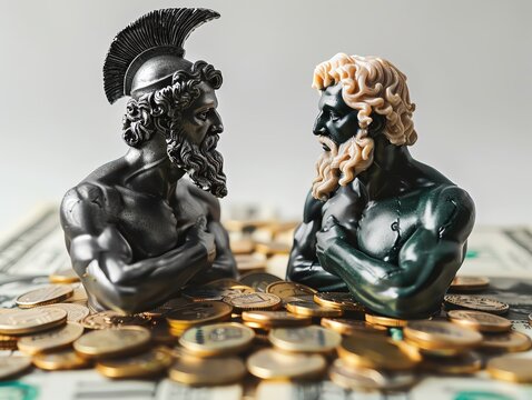 Hades and Zeus planning wealth, divine financial strategy, design business