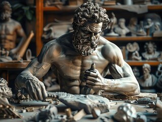 Hephaestus designing business tools, forging corporate success