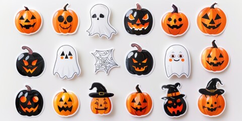 Naklejka premium Vibrant Collection of Rhinestone Halloween Stickers Featuring Glittery Pumpkins, Bats, and Spiders on a Stark White Background
