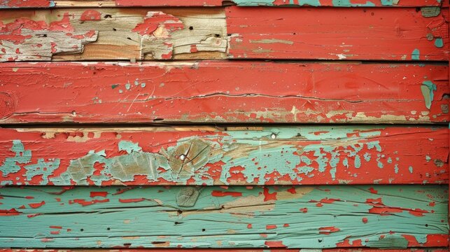 Weathered wooden boards with chipped red and teal paint.