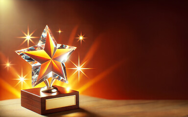 A shiny star-shaped trophy made of crystal, mounted on a wooden base