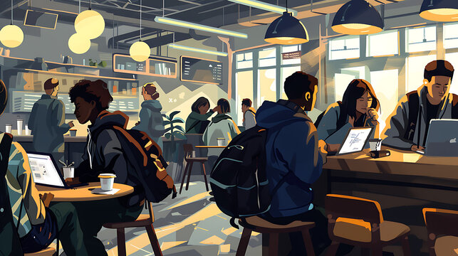 10. University students in a bustling campus coffee shop, some working on laptops while others enjoy conversations and drinks, with a detailed view of a student's hand stirring a cup of coffee 