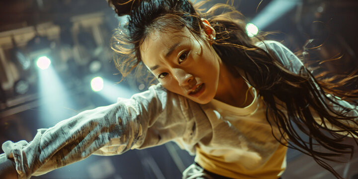 Asian young female dancer in a dynamic pose, showcasing her talent and athleticism under the stage lights, - Powered by Adobe