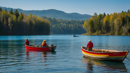 Fisherman in red and yellow casts his net on a clear blue lake from a wooden boat