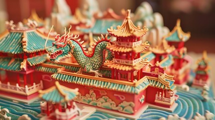 Fototapeta premium Intricate model of traditional Asian architecture with dragon