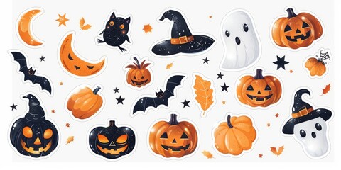 Fototapeta premium Vibrant Collection of Rhinestone Halloween Stickers Featuring Glittery Pumpkins, Bats, and Spiders on a Stark White Background