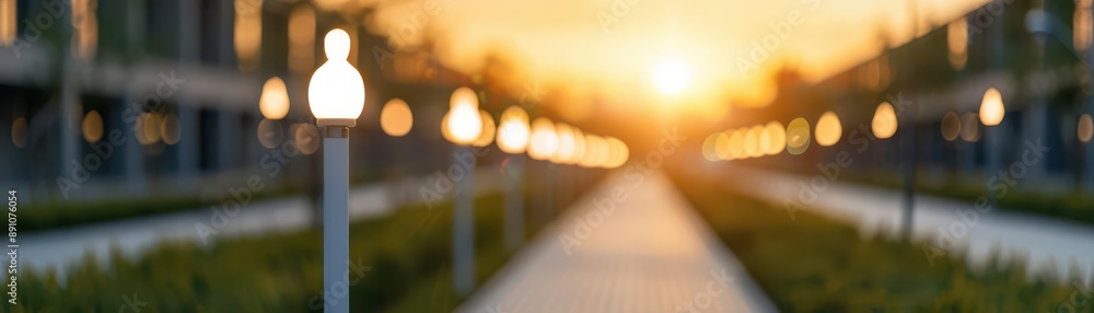 Poster a serene view of a pathway lined with lights at sunset, creating a warm and inviting atmosphere.