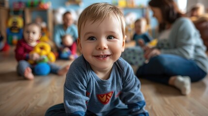 Smiling toddler in playroom with other children behind.