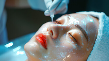 Fototapeta premium Erythromycin Solution Application on South Korean Woman’s Facial Acne Showing Reduction in Redness and Swelling