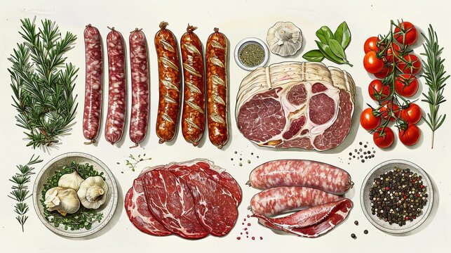 vector, illustration, flat, Vintage vector meat products design template. Hand drawn ham, sausages, jamon, spices and herbs. Raw food ingredients. Retro illustration. Can be use for label, restaurant 