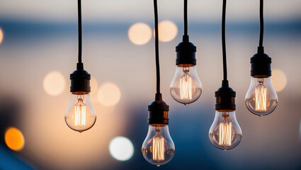 Five Edison bulbs hang from cords and illuminate against blurry background of vibrant sunset
