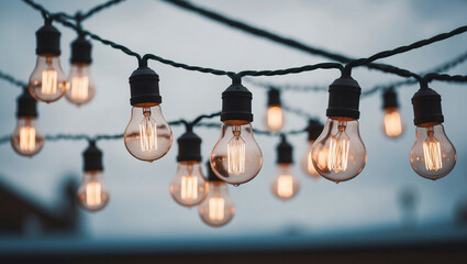 String of warm white lights hangs from wire, illuminating evening sky