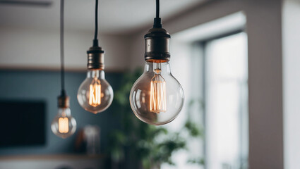 Three Edison light bulbs hang from ceiling in modern home interior