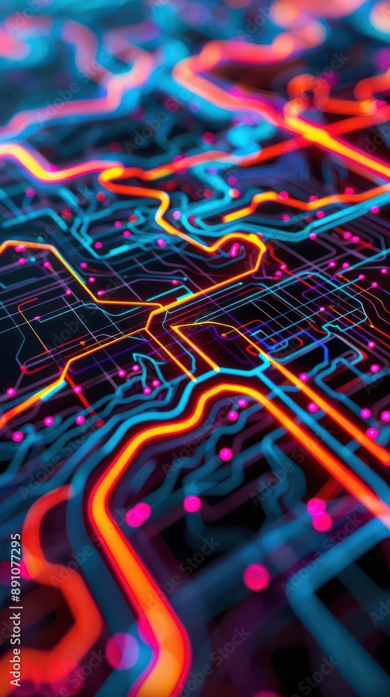 Poster abstract neon circuitry design showcasing vibrant colors and intricate paths, perfect for tech and d
