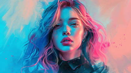 Fototapeta premium A digital art of a woman with blue and pink hair.