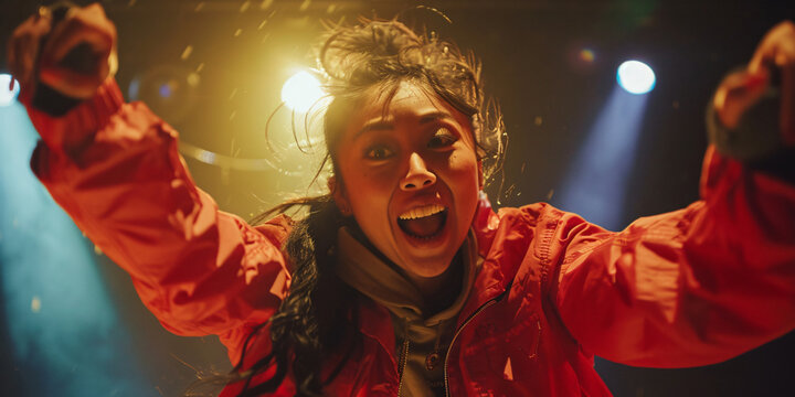 asian woman with long black hair and a red jacket performs on stage,