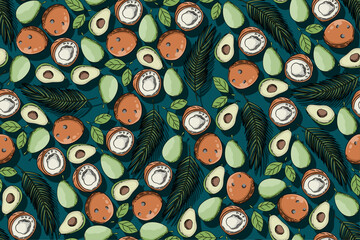 seamless pattern avocado and coconut vector drawing