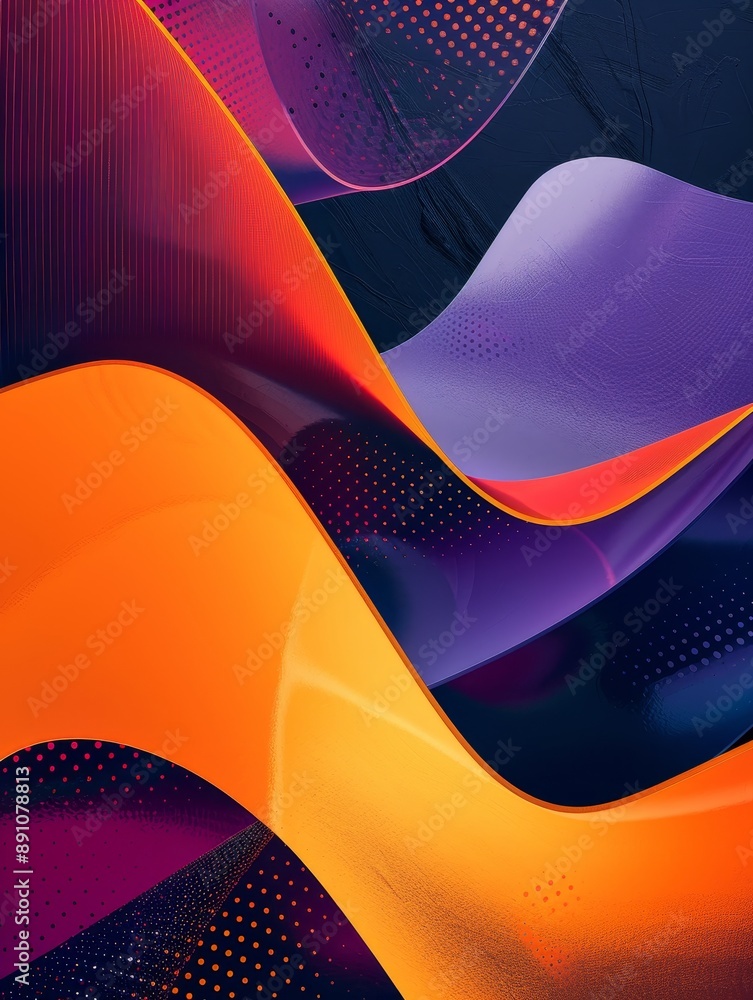 Wall mural Abstract Orange, Purple, and Blue Waves on Black Background - This abstract image features a series of vibrant orange, purple, and blue waves, creating a sense of movement and energy. The contrasting 