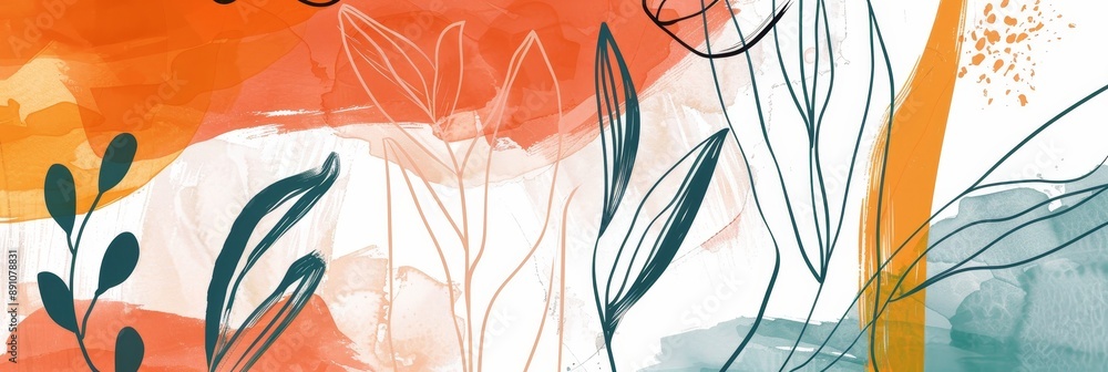 Wall mural Abstract Watercolor Floral Background with Orange, Teal and White Colors - A captivating abstract floral background, featuring a blend of warm orange, cool teal, and white hues. Delicate floral outlin