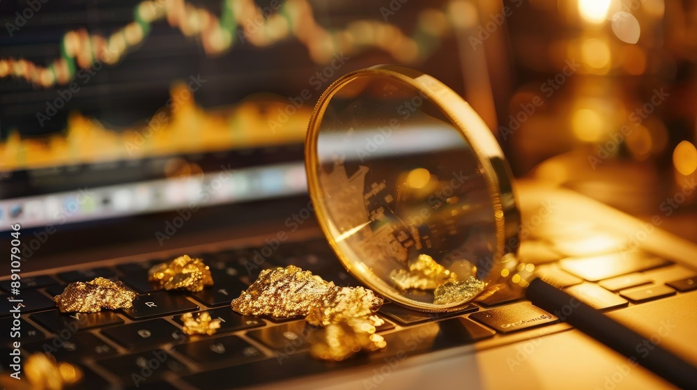 Poster gold chart on a laptop screen with a magnifying glass focusing on specific data.