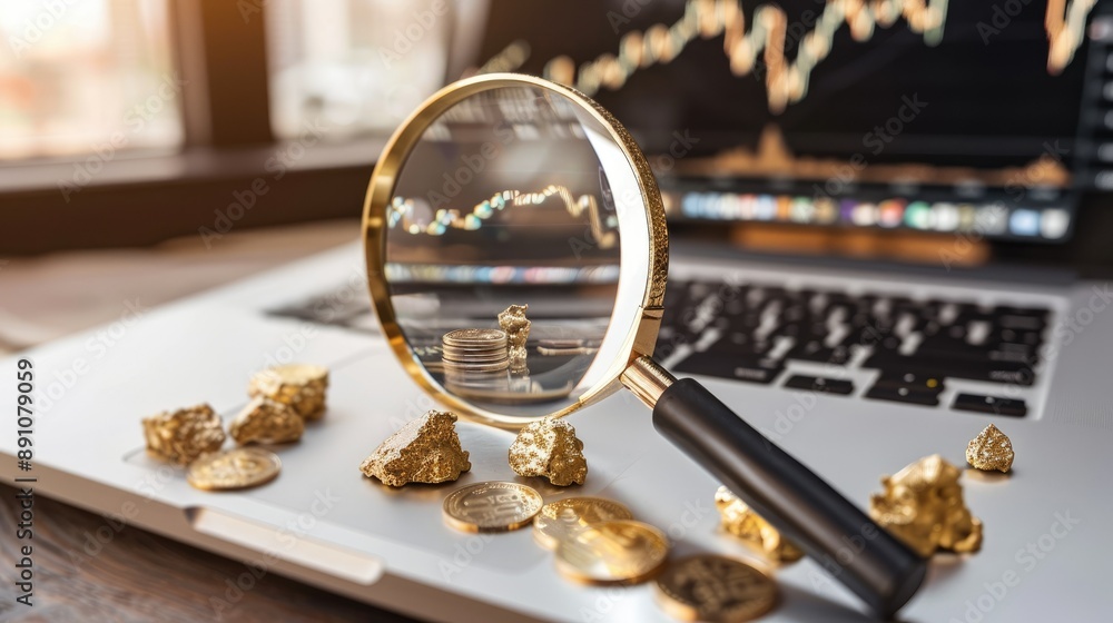 Poster gold chart on a laptop screen with a magnifying glass focusing on specific data.