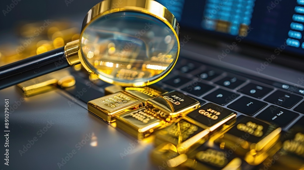 Poster gold chart on a laptop screen with a magnifying glass focusing on specific data.
