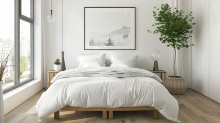 Minimalist bedroom with a white bed, light wood flooring, and a single framed picture.