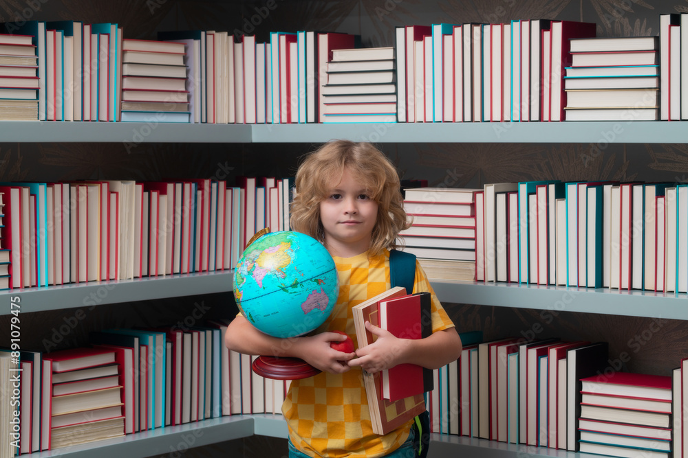 Poster school boy world globe and books. nerd school kid. clever child from elementary school with book. sm