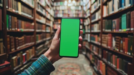 A person holds a smartphone with a green screen in a library, surrounded by bookshelves and books. Concept of technology and literature.