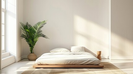 Simple and serene bedroom with a minimalist design, featuring a bed and a single plant.