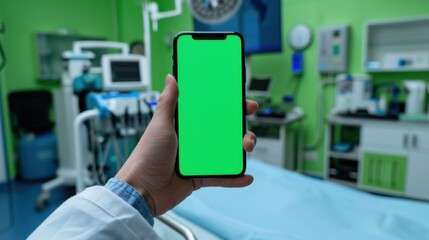 Doctor holding smartphone with green screen in modern medical operating room, showcasing technology integration in healthcare.