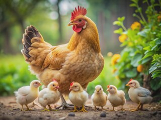 Fototapeta premium Adorable newborn chicks surround a loving mother hen and proud rooster, showcasing tender parental care in a warm and cozy farmyard setting.