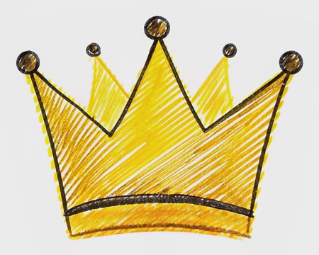 recommend clip art: Vibrant yellow and black single-line crayon doodle of a kid's crown with intricate details, simple yet charming, perfect for illustrating childhood creativity and imagination.