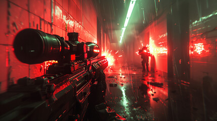 Paintball team in uniform and masks, extreme sport. Two soldiers with rifles stands in a video game like scene. Futuristic cyberpunk shooter game scene with action. Desert battlefield first person vr.