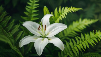 Fototapeta premium Delicate White Lily Flower Blooming Amidst Mossy Forest Foliage With Dappled Lighting
