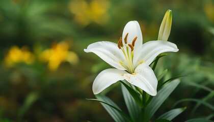 Obraz premium Delicate White Lily Flower Blooming Amidst Mossy Forest Foliage With Dappled Lighting