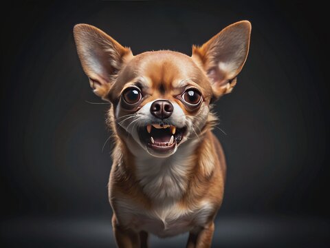 Fierce angry Chihuahua with open mouth and sharp visible teeth, eyes blazing with fury, stands alone on a dark isolated studio background.